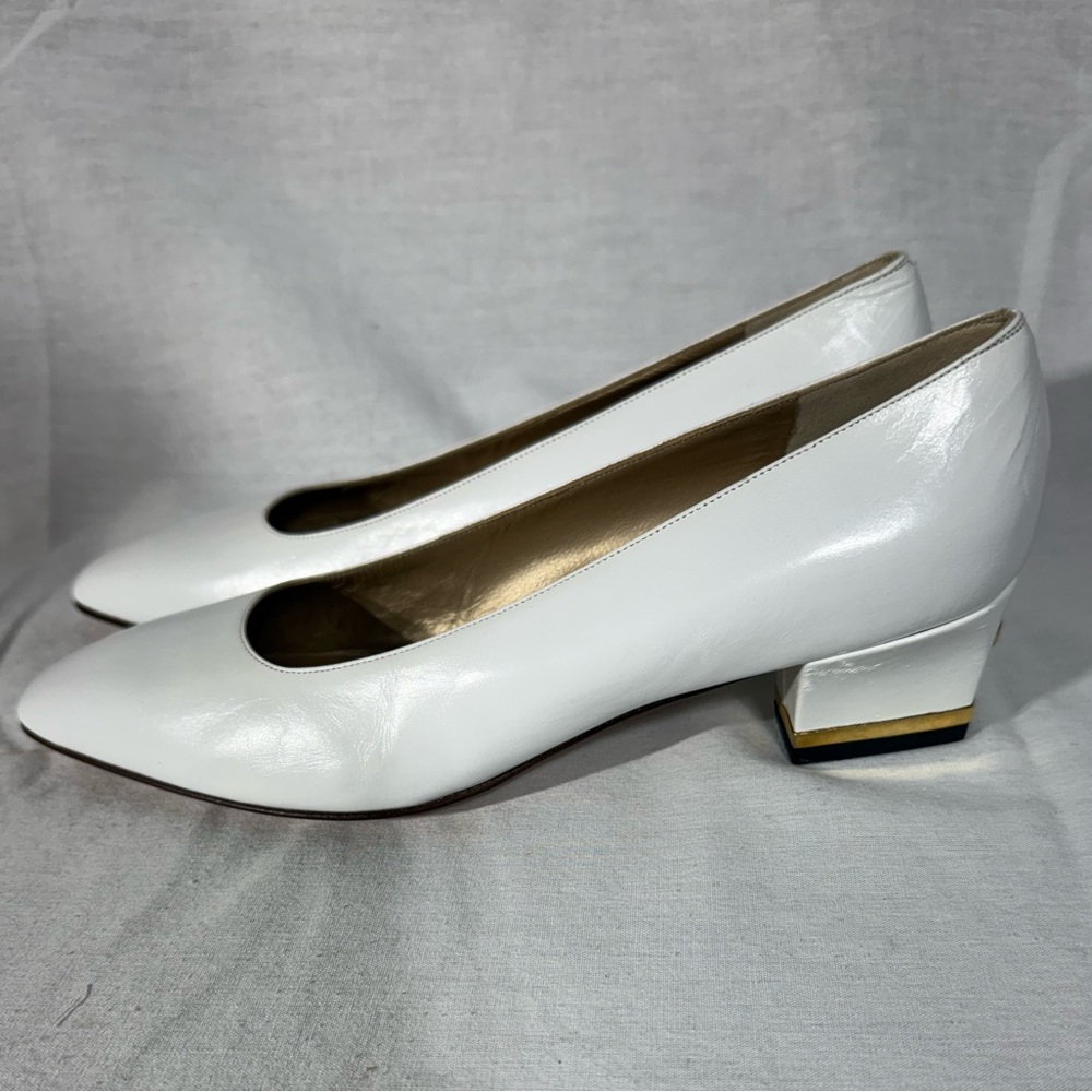St. John White Leather Low Block Heel Pumps